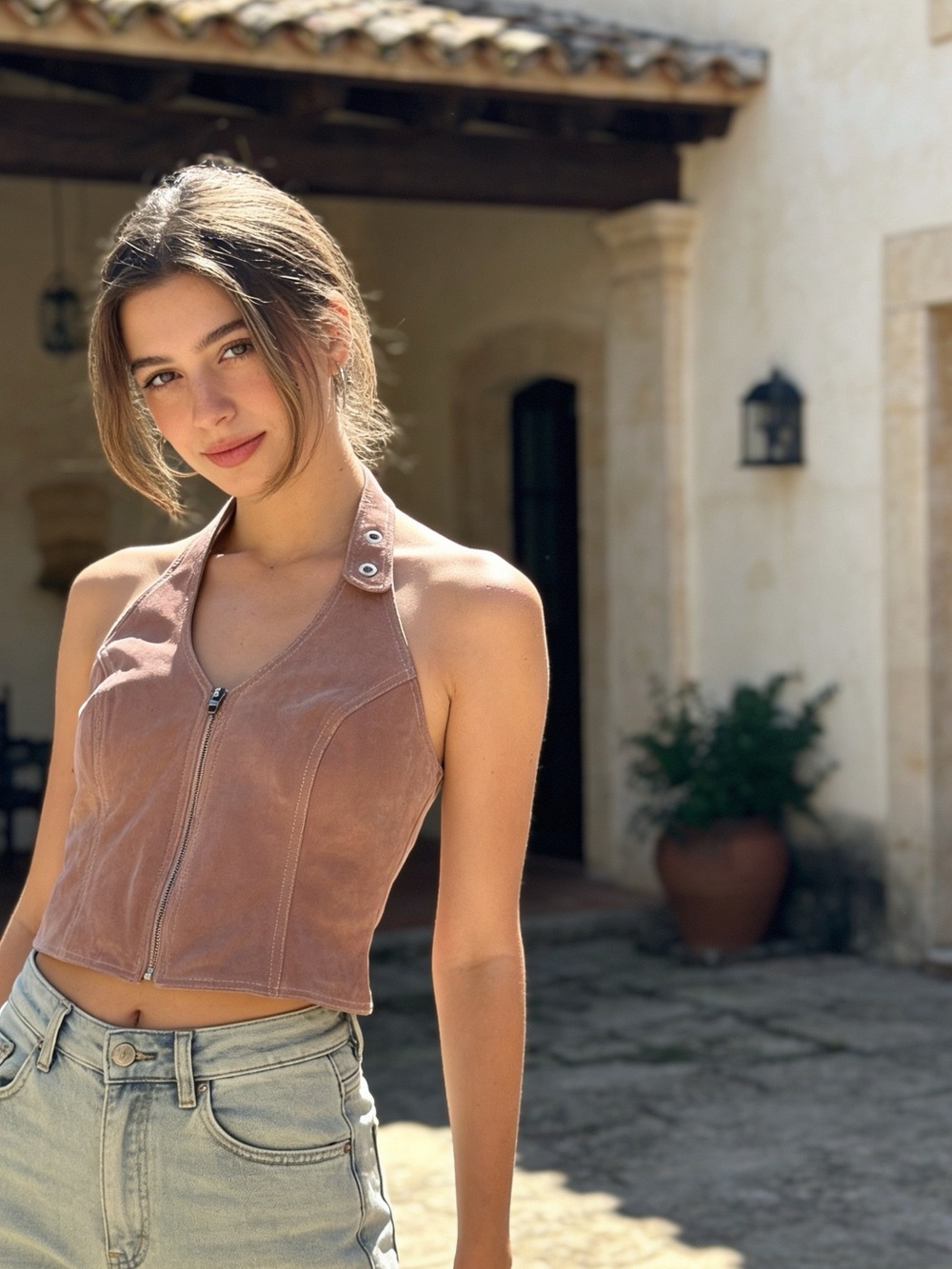 Y2K Wilsons Leather Dusty Rose Suede Halter Zip Front Top